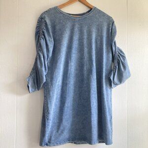 Jane and Delancey Chambray Shift Dress Ruched Sleeves Denim Blue Cotton Blend L